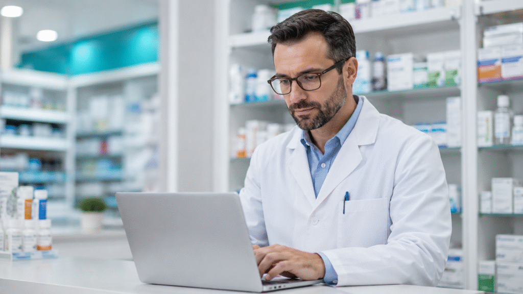 pharmacist working on the software