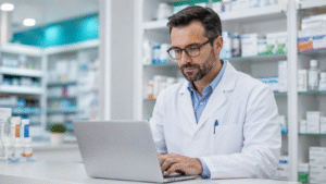pharmacist working on the software