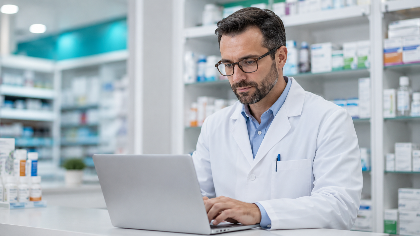 pharmacist working on the software