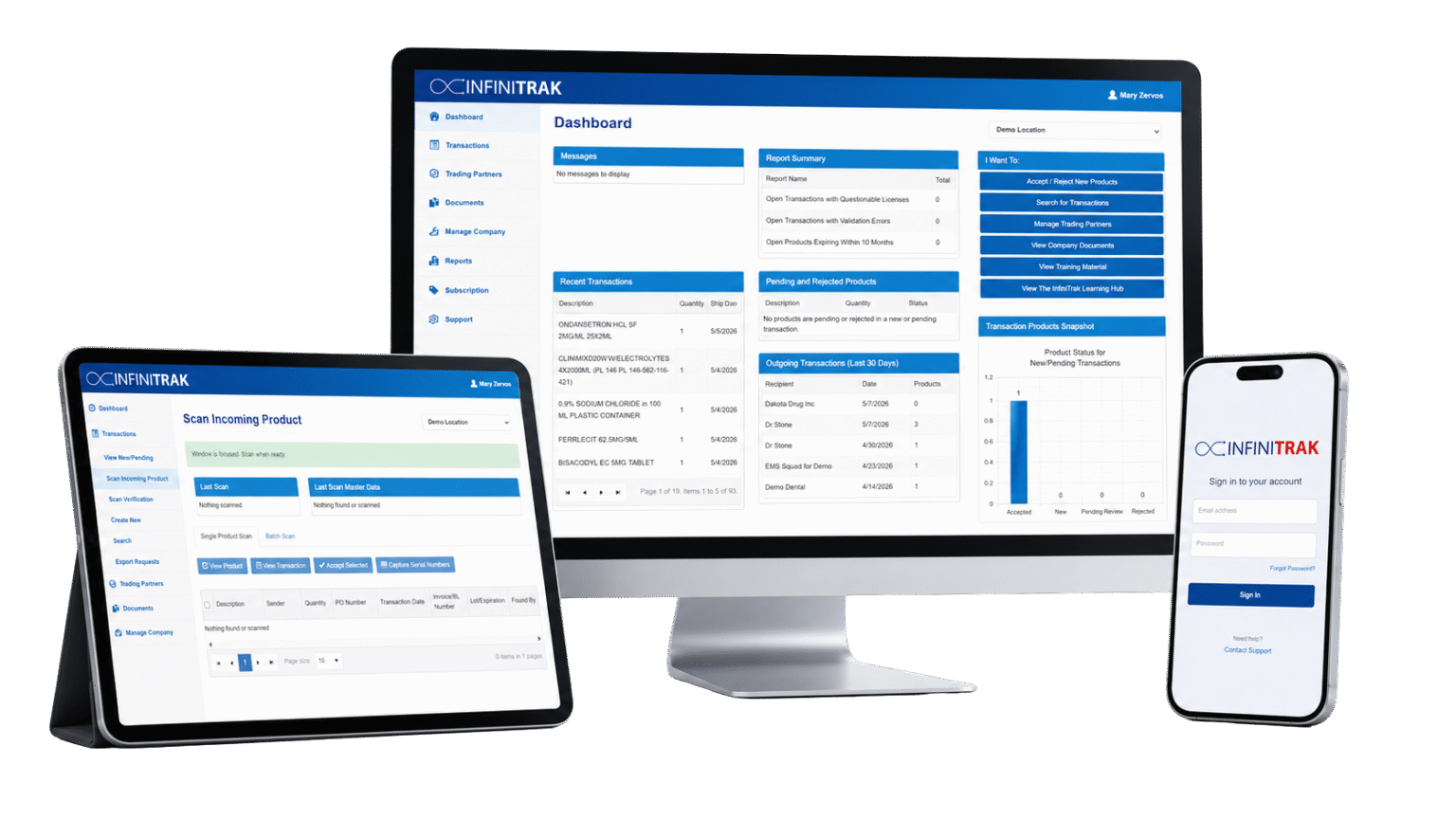 InfiniTrak DSCSA compliance software platform displayed across desktop, tablet and mobile devices